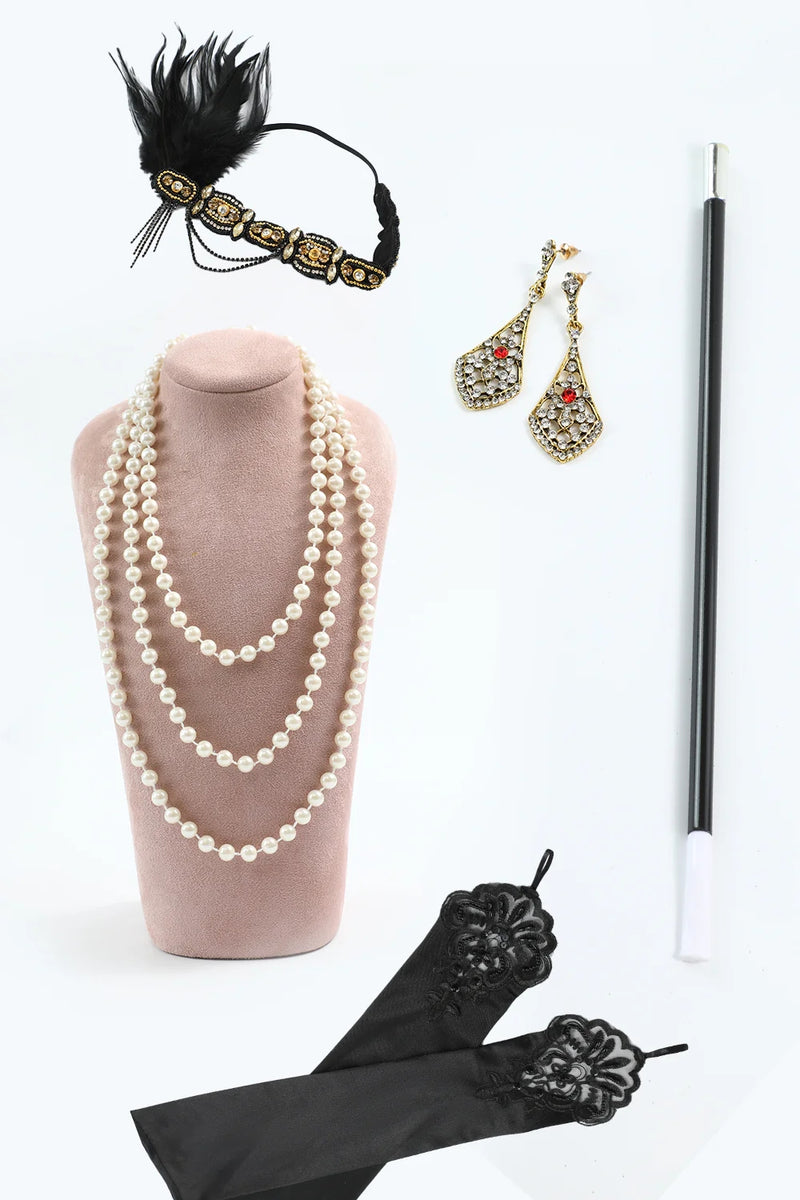 Load image into Gallery viewer, Sparkly Black Golden Sequins Bodycon V-Neck Flapper Dress with 20s Accessories Set