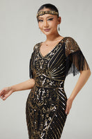 Load image into Gallery viewer, Sparkly Black Golden Sequins Bodycon V-Neck Flapper Dress with 20s Accessories Set