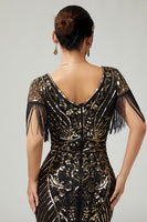 Load image into Gallery viewer, Sparkly Black Golden Sequins Bodycon V-Neck Flapper Dress with 20s Accessories Set