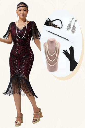 Sparkly Burgundy Fringed V-Neck Sequins Flapper Dress with 20s Accessories Set