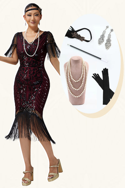 Sparkly Burgundy Fringed V-Neck Sequins Flapper Dress with 20s Accessories Set