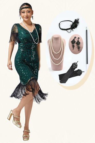Sparkly Dark Green Fringed Sequins Bodycon Flapper Dress with 20s Accessories Set