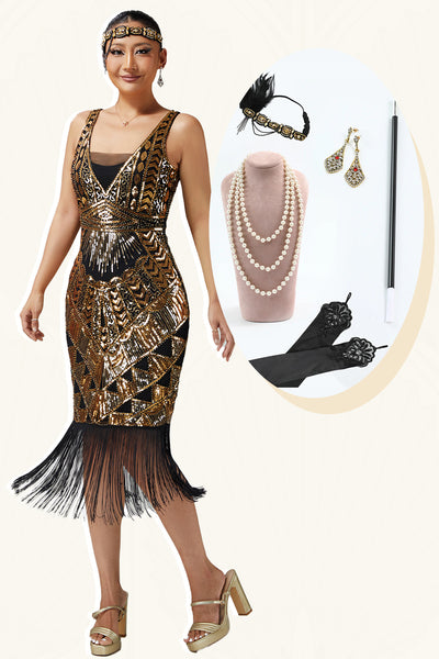 Sparkly Black Golden Fringed Sequins 1920s Flapper Dress with 20s Accessories Set