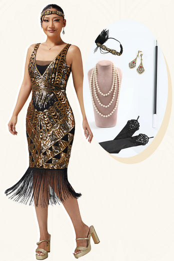 Sparkly Black Golden Fringed Sequins 1920s Flapper Dress with 20s Accessories Set