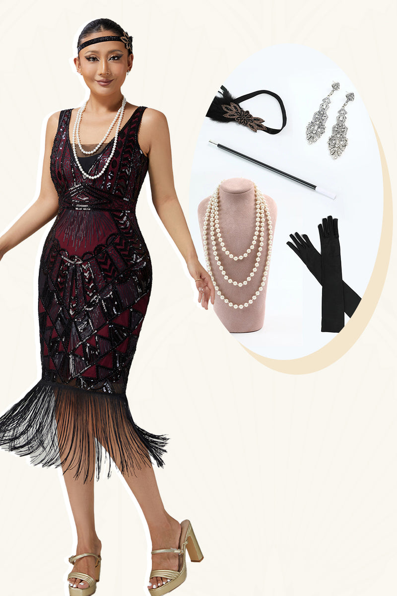 Queendancer Women Sparkly Burgundy Scoop Neck Flapper Dress with 20s Accessories Set Sequins Fringed Bodycon Great Gatsby Dress – queendancer