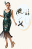 Load image into Gallery viewer, Sparkly Dark Green Scoop Neck Fringed Sleeveless Flapper Dress with 20s Accessories Set