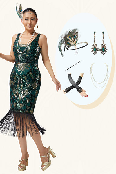 Sparkly Dark Green Scoop Neck Fringed Sleeveless Flapper Dress with 20s Accessories Set