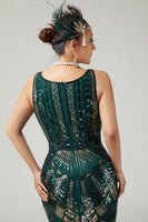 Load image into Gallery viewer, Sparkly Dark Green Scoop Neck Fringed Sleeveless Flapper Dress with 20s Accessories Set