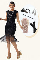 Load image into Gallery viewer, Sparkly Black Sequins Bodycon Beaded 1920s Flapper Dress with 20s Accessories Set