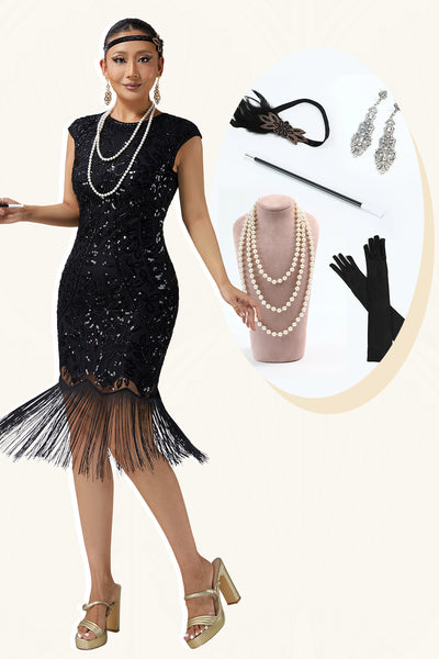 Sparkly Black Sequins Bodycon Beaded 1920s Flapper Dress with 20s Accessories Set