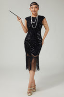 Load image into Gallery viewer, Sparkly Black Sequins Bodycon Beaded 1920s Flapper Dress with 20s Accessories Set