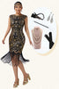 Load image into Gallery viewer, Sparkly Black Golden Sequins Round Neck Fringed Flapper Dress with 20s Accessories Set
