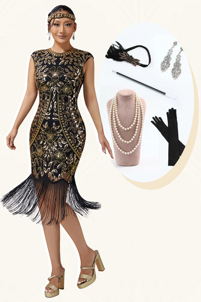 Sparkly Black Golden Sequins Round Neck Fringed Flapper Dress with 20s Accessories Set