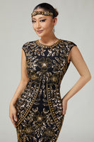 Load image into Gallery viewer, Sparkly Black Golden Sequins Round Neck Fringed Flapper Dress with 20s Accessories Set