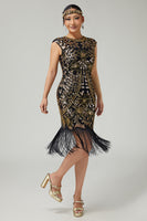 Load image into Gallery viewer, Sparkly Black Golden Sequins Round Neck Fringed Flapper Dress with 20s Accessories Set