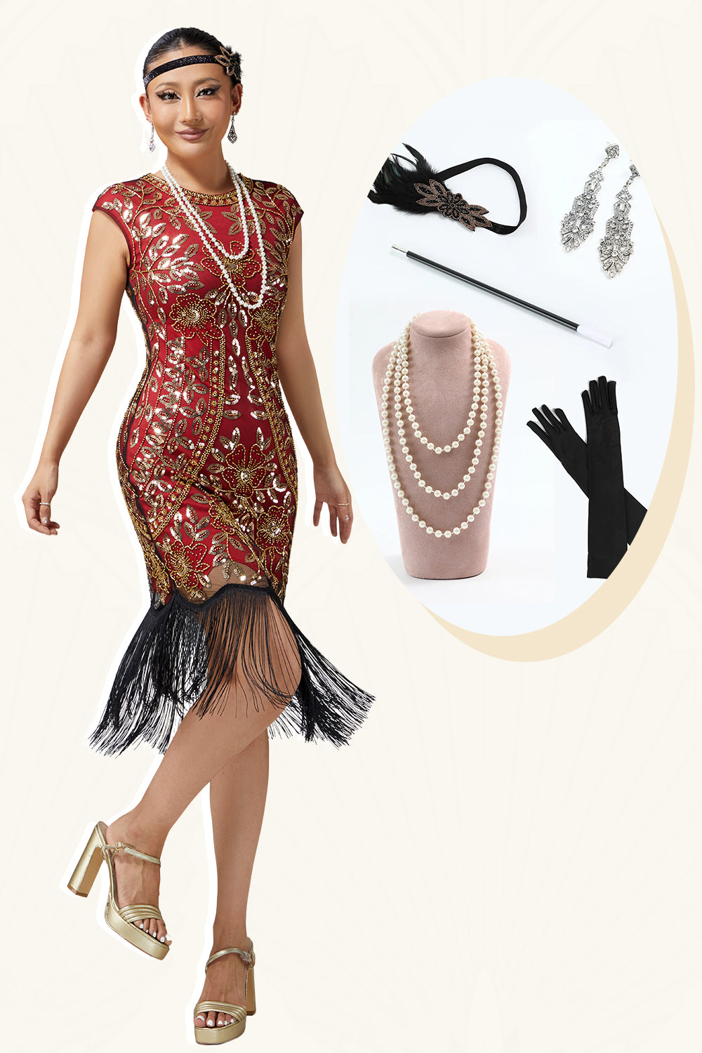 Sparkly Red Golden Bodycon Fringed Sequins Flapper Dress with 20s Accessories Set