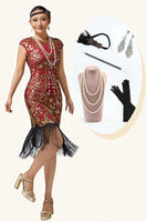 Load image into Gallery viewer, Sparkly Red Golden Bodycon Fringed Sequins Flapper Dress with 20s Accessories Set