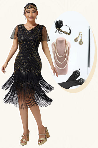 Sparkly Black Golden Beaded Fringed V-Neck Flapper Dress with 20s Accessories Set