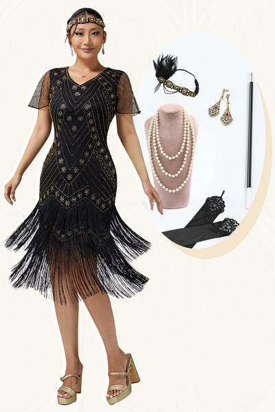 Sparkly Black Golden Beaded Fringed V-Neck Flapper Dress with 20s Accessories Set