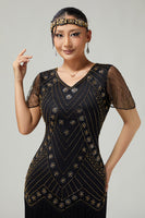 Load image into Gallery viewer, Sparkly Black Golden Beaded Fringed V-Neck Flapper Dress with 20s Accessories Set