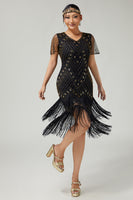 Load image into Gallery viewer, Sparkly Black Golden Beaded Fringed V-Neck Flapper Dress with 20s Accessories Set