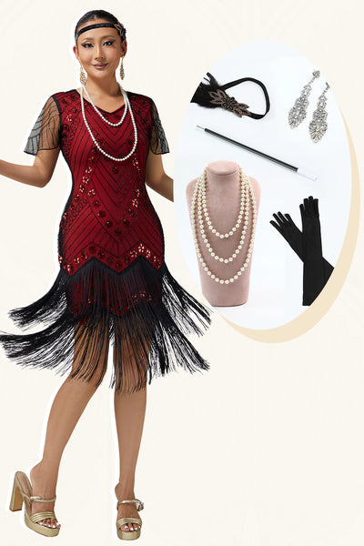 Sparkly Black Red Beaded Sequins Short Sleeves Flapper Dress with 20s Accessories Set