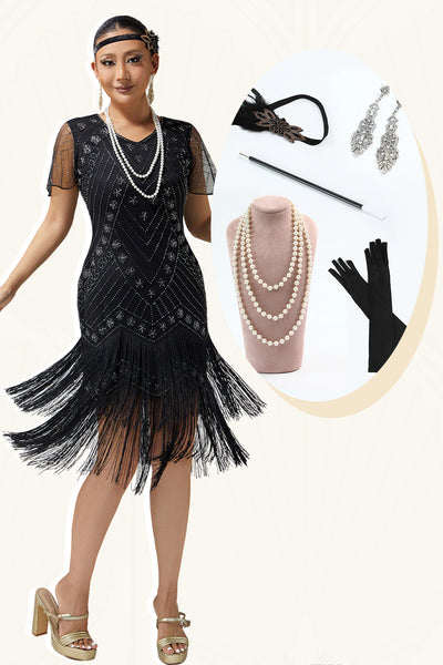 Sparkly Black Silver Beaded Fringed V-Neck Flapper Dress with 20s Accessories Set