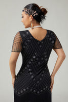 Load image into Gallery viewer, Sparkly Black Silver Beaded Fringed V-Neck Flapper Dress with 20s Accessories Set