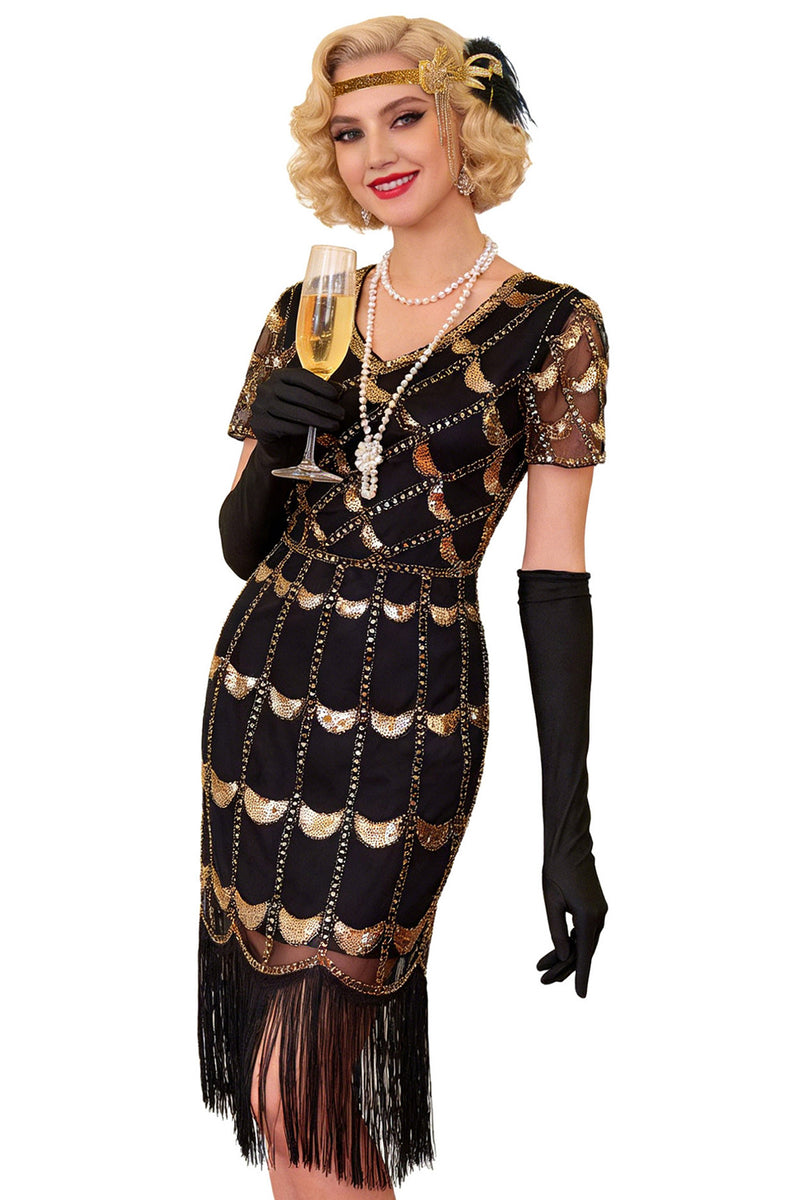 Load image into Gallery viewer, Dparkly Black Golden Bodycon Sequins Fringed Midi 1920s Dress with 20s Accessories Set