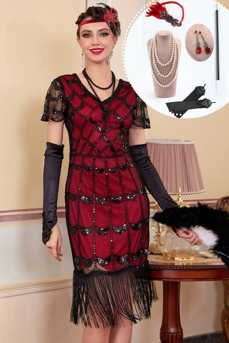 Load image into Gallery viewer, Black Red Bodycon Fringed Midi 1920s Flapper Dress with 20s Accessories Set
