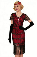 Load image into Gallery viewer, Black Red Bodycon Fringed Midi 1920s Flapper Dress with 20s Accessories Set