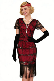 Black Red Bodycon Fringed Midi 1920s Flapper Dress with 20s Accessories Set