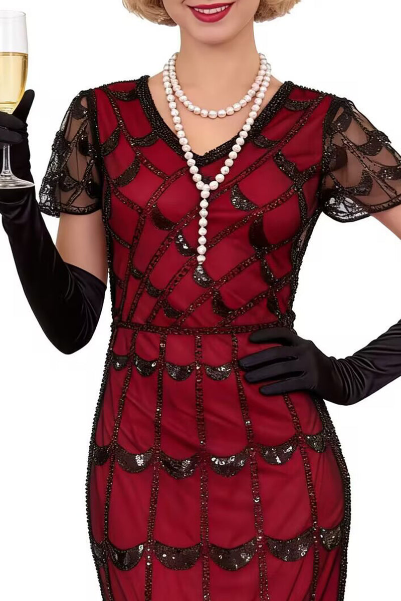 Load image into Gallery viewer, Black Red Bodycon Fringed Midi 1920s Flapper Dress with 20s Accessories Set