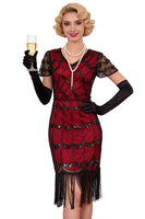 Load image into Gallery viewer, Black Red Bodycon Fringed Midi 1920s Flapper Dress with 20s Accessories Set