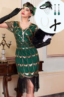 Load image into Gallery viewer, Green Golden Bodycon V-Neck Fringed Midi Gatsby Dress with 20s Accessories Set