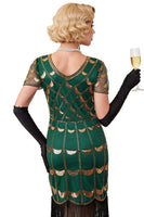 Load image into Gallery viewer, Green Golden Bodycon V-Neck Fringed Midi Gatsby Dress with 20s Accessories Set