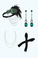 Load image into Gallery viewer, Green Golden Bodycon V-Neck Fringed Midi Gatsby Dress with 20s Accessories Set