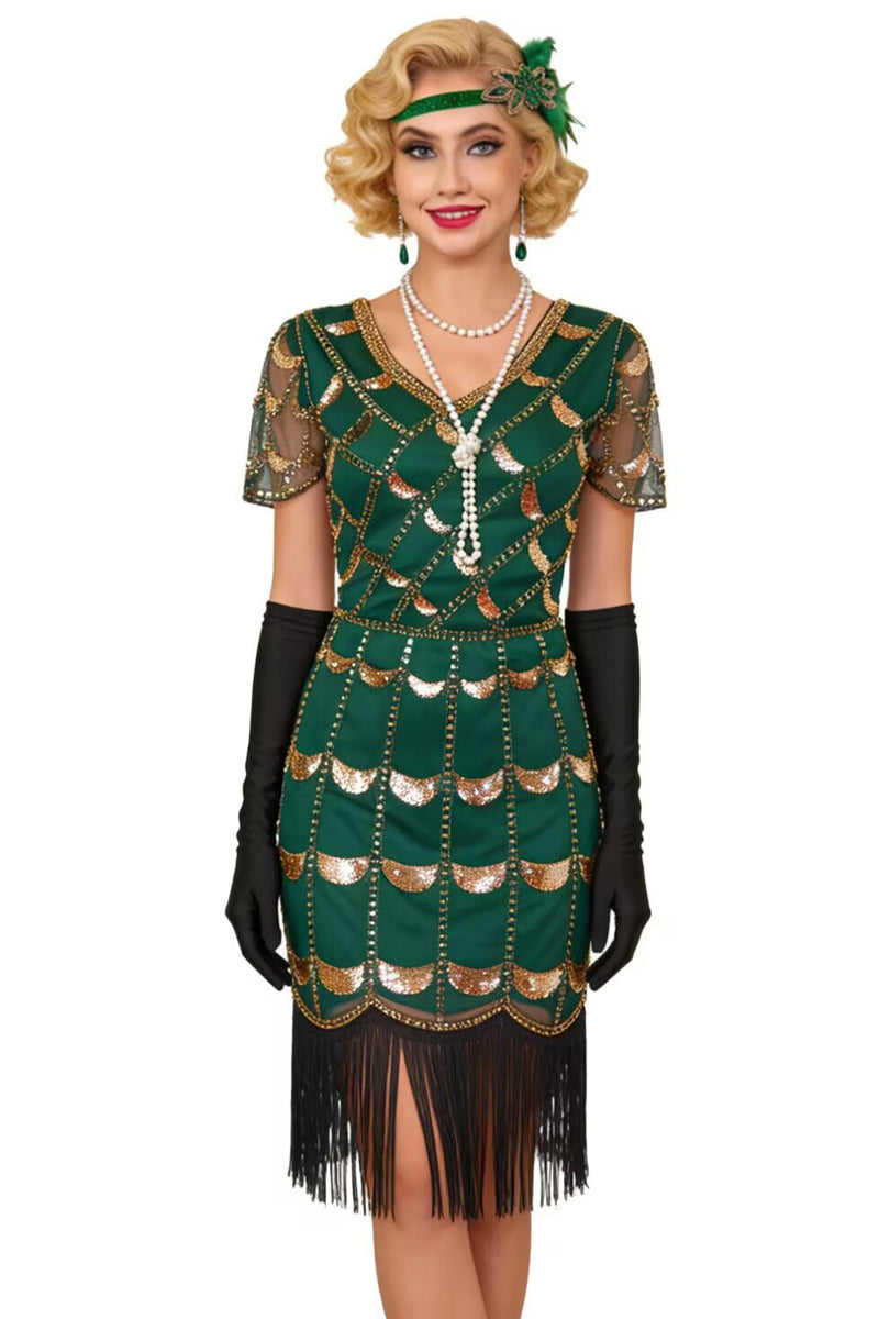 Load image into Gallery viewer, Green Golden Bodycon V-Neck Fringed Midi Gatsby Dress with 20s Accessories Set