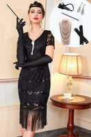 Load image into Gallery viewer, Black Fringed Beaded V Neck Midi 1920s Dress with 20s Accessories Set