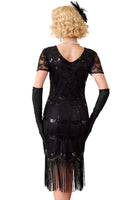 Load image into Gallery viewer, Black Fringed Beaded V Neck Midi 1920s Dress with 20s Accessories Set