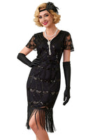 Load image into Gallery viewer, Black Fringed Beaded V Neck Midi 1920s Dress with 20s Accessories Set