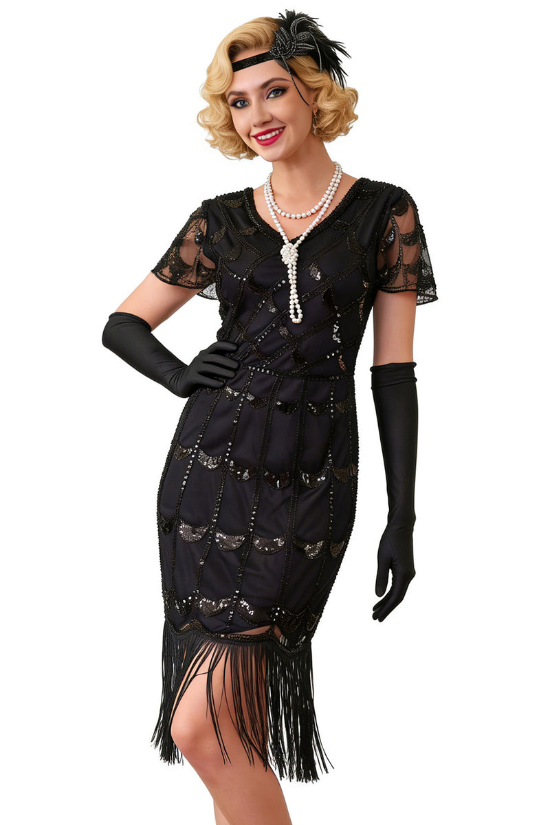 Load image into Gallery viewer, Black Fringed Beaded V Neck Midi 1920s Dress with 20s Accessories Set
