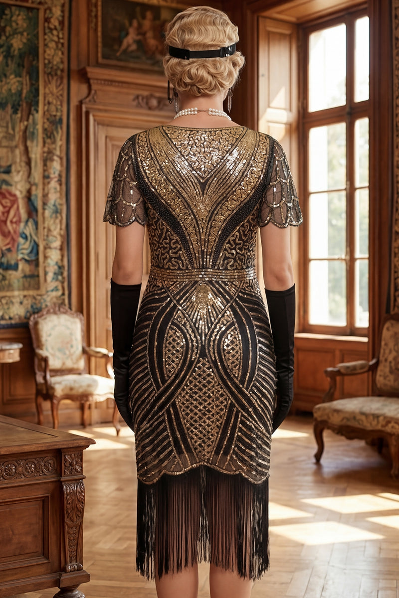 Load image into Gallery viewer, Black Golden Fringed Sparkly Bodycon Sequins Midi 1920s Dress with 20s Accessories Set