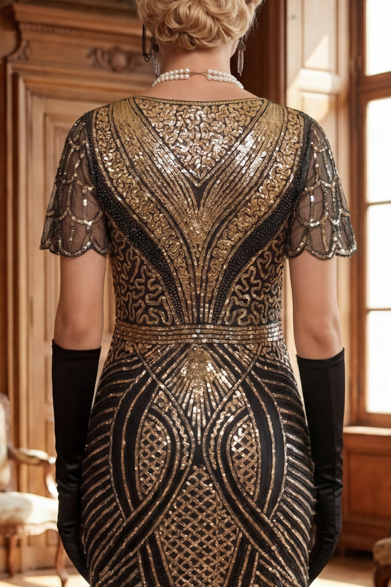 Load image into Gallery viewer, Black Golden Fringed Sparkly Bodycon Sequins Midi 1920s Dress with 20s Accessories Set