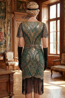 Load image into Gallery viewer, Green Golden Fringed Bodycon Sparkly Sequins Midi 1920s Gatsby Dress with 20s Accessories Set