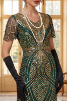 Load image into Gallery viewer, Green Golden Fringed Bodycon Sparkly Sequins Midi 1920s Gatsby Dress with 20s Accessories Set