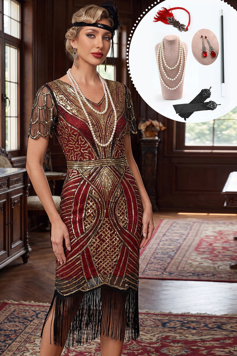 Load image into Gallery viewer, Saprkly Red Golden Bodycon V-Neck Fringed Midi 1920s Dress with 20s Accessories Set