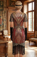 Load image into Gallery viewer, Saprkly Red Golden Bodycon V-Neck Fringed Midi 1920s Dress with 20s Accessories Set