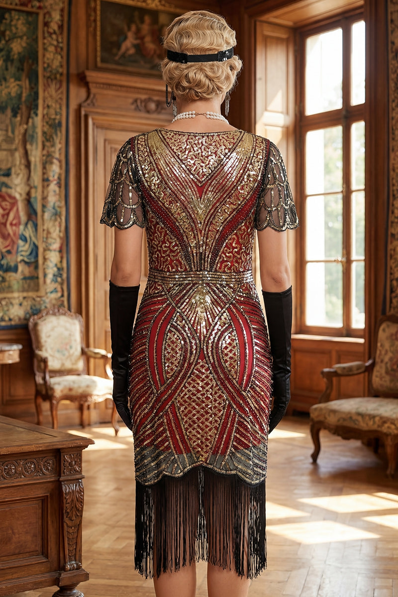 Load image into Gallery viewer, Saprkly Red Golden Bodycon V-Neck Fringed Midi 1920s Dress with 20s Accessories Set