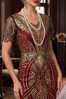 Load image into Gallery viewer, Saprkly Red Golden Bodycon V-Neck Fringed Midi 1920s Dress with 20s Accessories Set